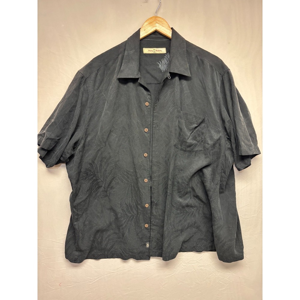 Tommy Bahama Button Shirt Mens Black Short Sleeve Hawaiian Silk Tropical Large